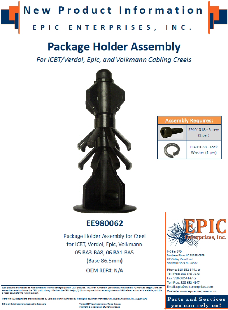 Package Holders for ICBT/Verdol, Epic, and Volkmann Cabling Creels